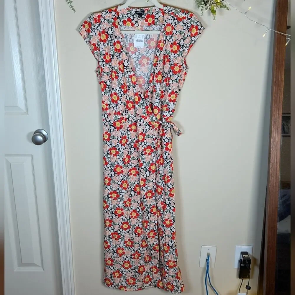 J. Crew Mercantile Floral Midi Wrap Short Sleeve Dress Viscose Red Pink